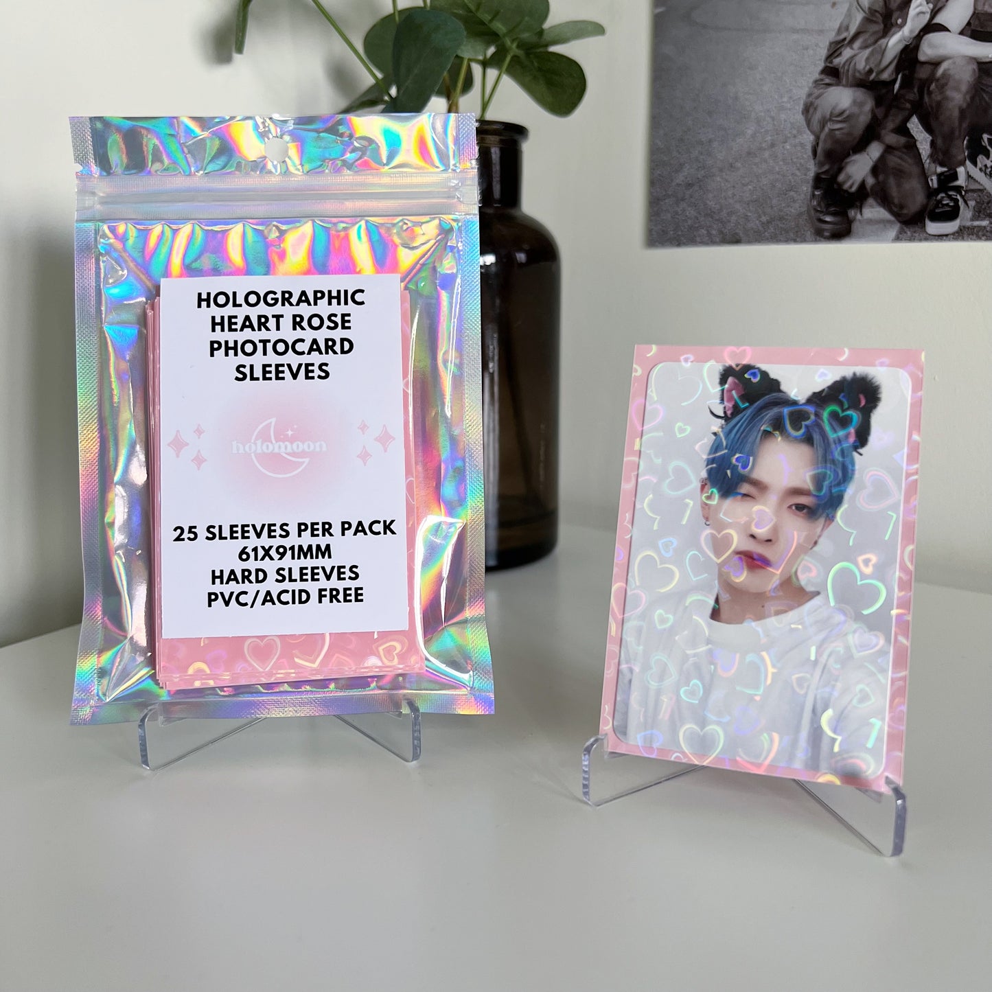 Pochettes pour cartes photo holographiques en forme de cœur rose (paquet de 25)